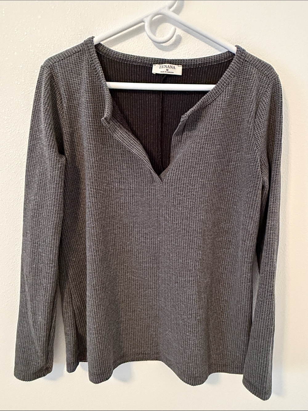 Zenana Dark Gray Waffle Knit V-Notch Long Sleeve Top